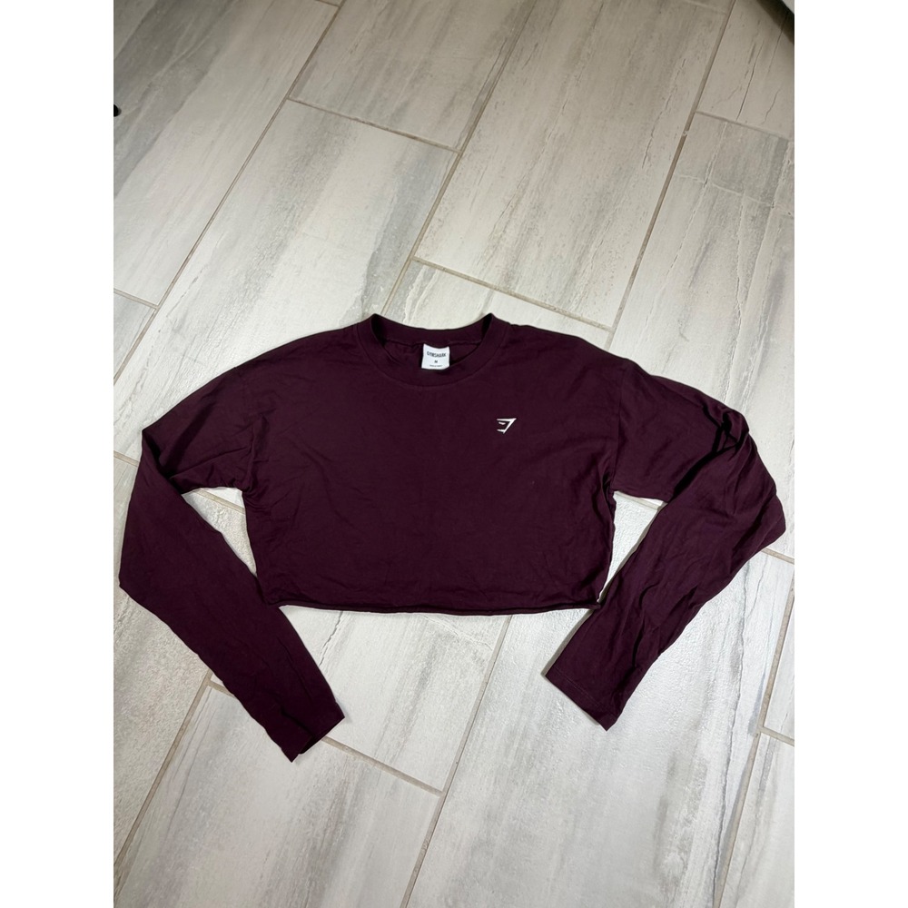 Gymshark Womens Burgundy Long Sleeve Raw Hem Crop Top B7A20 Relaxed‎ Fit Medium